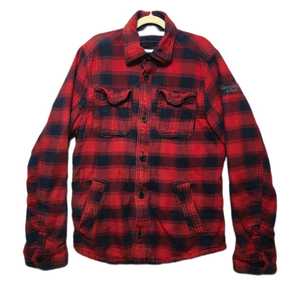 Abercrombie & Fitch Jay Range Quilted Flannel Shirt Jacket XL Red Navy Plaid Y2K